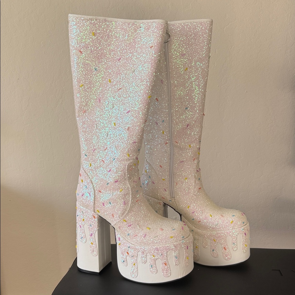 Glitter Platform Knee-High Boots - White DollsKill Cupcake Candy land Ice cream